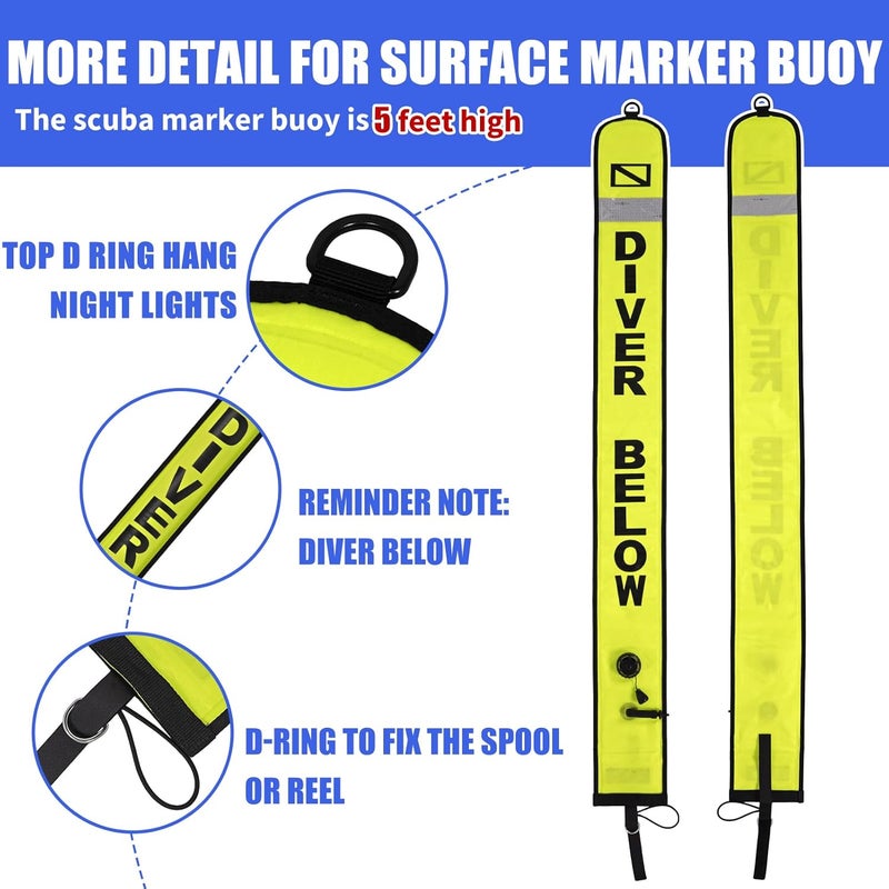 JUSTOOP Store 5ft Surface Marker Buoy Set, Inflatable Scuba Signal Tube with Reflective Strip, Scuba Diving Open Bottom Float (SMB) for Underwater Diving Snorkeling with 100ft Diving Spool Reel and Clip - Image 5